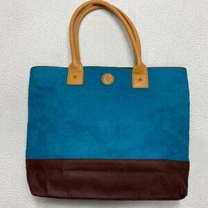 Tory Burch Jaden Bag Coconut Blue Brown Canvas Leather Shopping Tote Purse Women